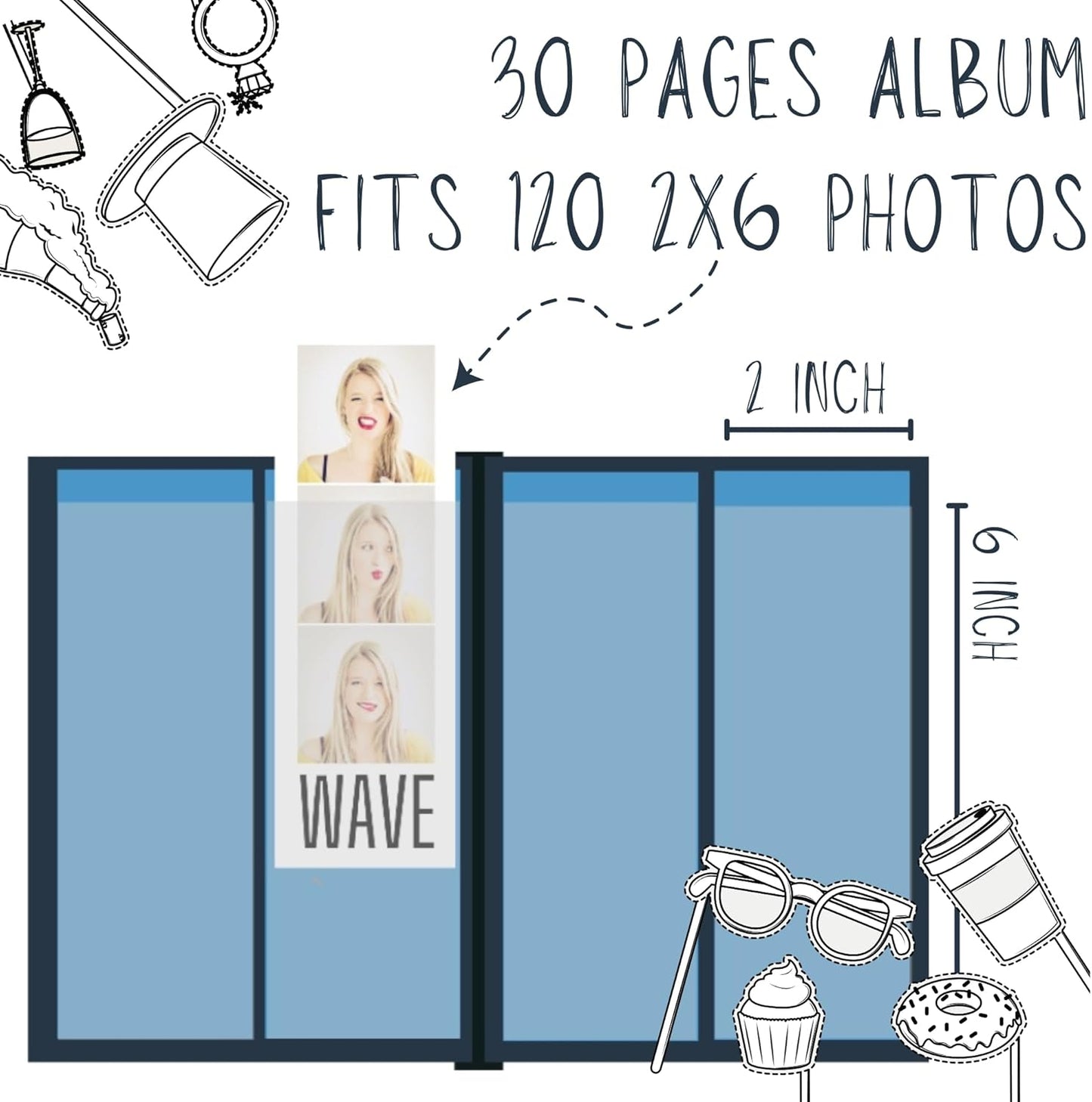 *Photo Booth Photo Album - For Wedding or Party- Holds 120 Photobooth 2x6 Photo Strips - Slide In (WITH TEXT)